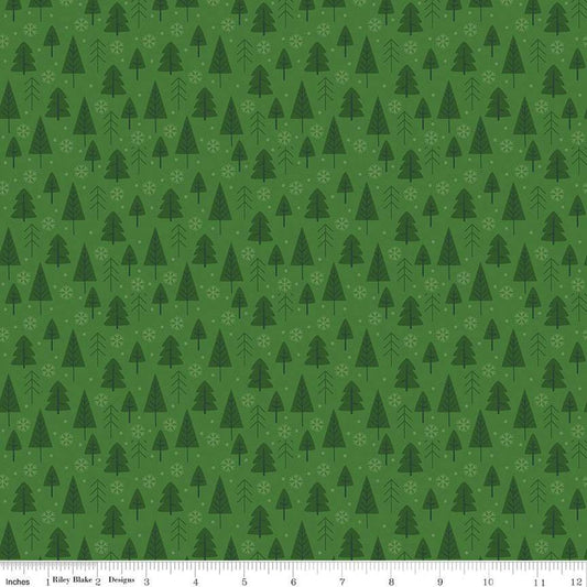 14" End of Bolt - The Magic of Christmas Trees C13642 Green - Riley Blake Designs - Pine Trees Snowflakes Dots - Quilting Cotton Fabric