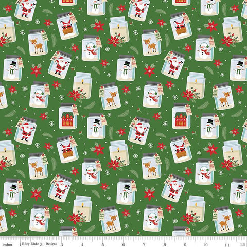 19" End of Bolt - CLEARANCE The Magic of Christmas Jars C13641 Green - Riley Blake - Santa Reindeer Snowmen - Quilting Cotton