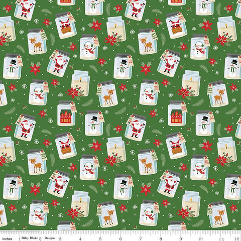 CLEARANCE The Magic of Christmas Jars C13641 Green - Riley Blake  - Santa Reindeer Snowmen Poinsettias Candles  - Quilting Cotton