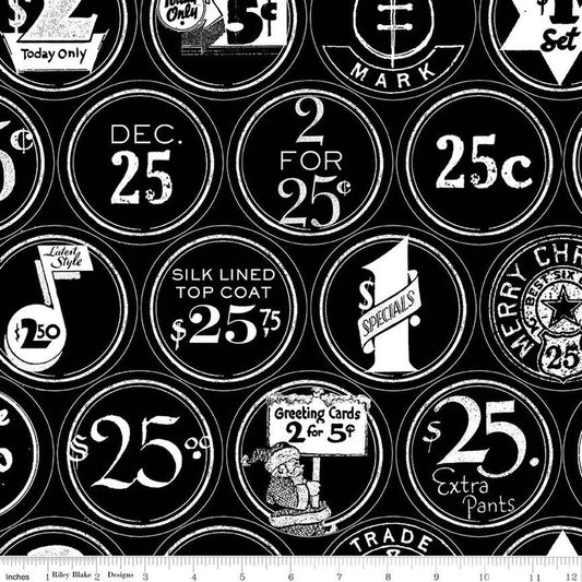 CLEARANCE White as Snow Christmas Labels C13557 Black - Riley Blake Designs - Christmas Vintage Labels - Quilting Cotton Fabric