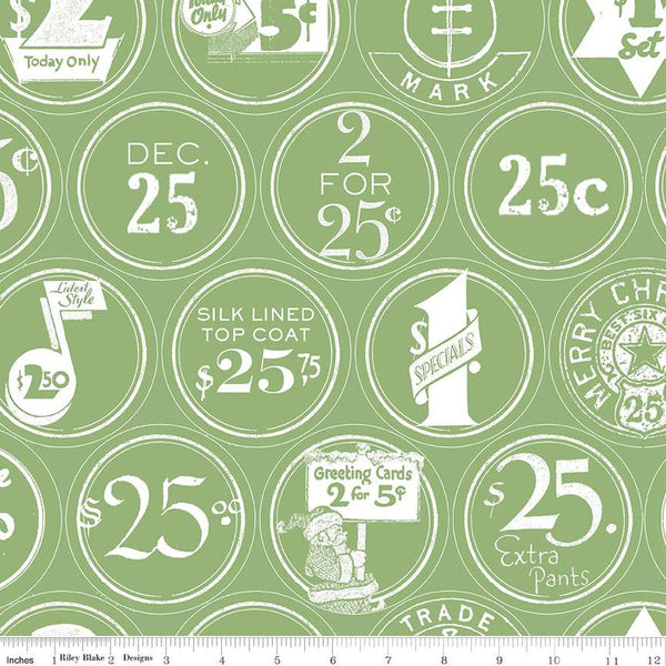 17" End of Bolt - CLEARANCE White as Snow Christmas Labels C13557 Green - Riley Blake  - Christmas Vintage Labels - Quilting Cotton