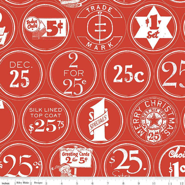 SALE White as Snow Christmas Labels C13557 Red - Riley Blake Designs - Christmas Vintage Labels - Quilting Cotton Fabric