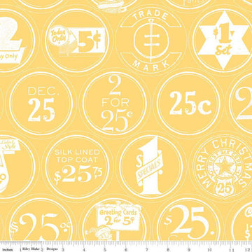 SALE White as Snow Christmas Labels C13557 Yellow - Riley Blake Designs - Christmas Vintage Labels - Quilting Cotton Fabric