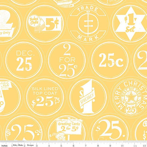 SALE White as Snow Christmas Labels C13557 Yellow - Riley Blake Designs - Christmas Vintage Labels - Quilting Cotton Fabric