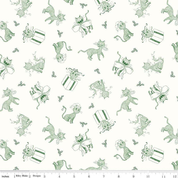 SALE Christmas with Scaredy Cat Toss C13532 Cream - Riley Blake Designs - Cats Holly Berries  - Quilting Cotton Fabric