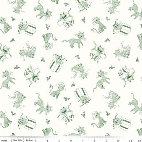 SALE Christmas with Scaredy Cat Toss C13532 Cream - Riley Blake Designs - Cats Holly Berries  - Quilting Cotton Fabric