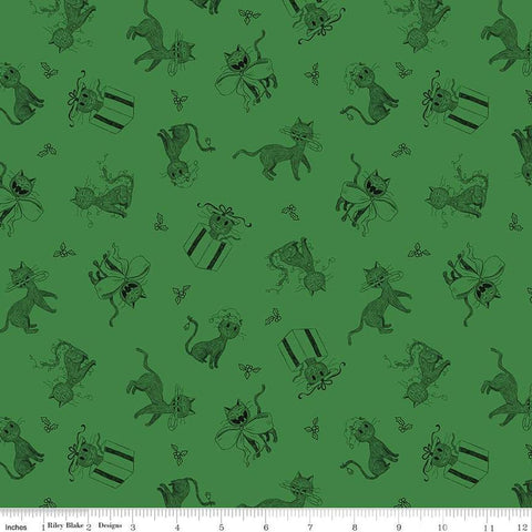 SALE Christmas with Scaredy Cat Toss C13532 Green - Riley Blake Designs - Cats Holly Berries  - Quilting Cotton Fabric