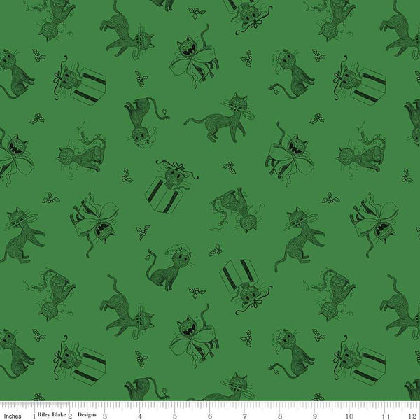 SALE Christmas with Scaredy Cat Toss C13532 Green - Riley Blake Designs - Cats Holly Berries  - Quilting Cotton Fabric