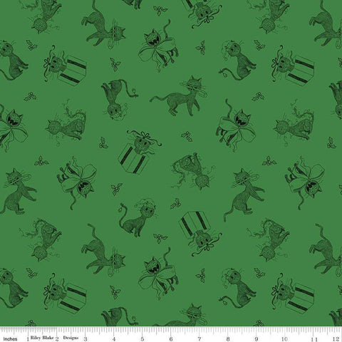 SALE Christmas with Scaredy Cat Toss C13532 Green - Riley Blake Designs - Cats Holly Berries  - Quilting Cotton Fabric