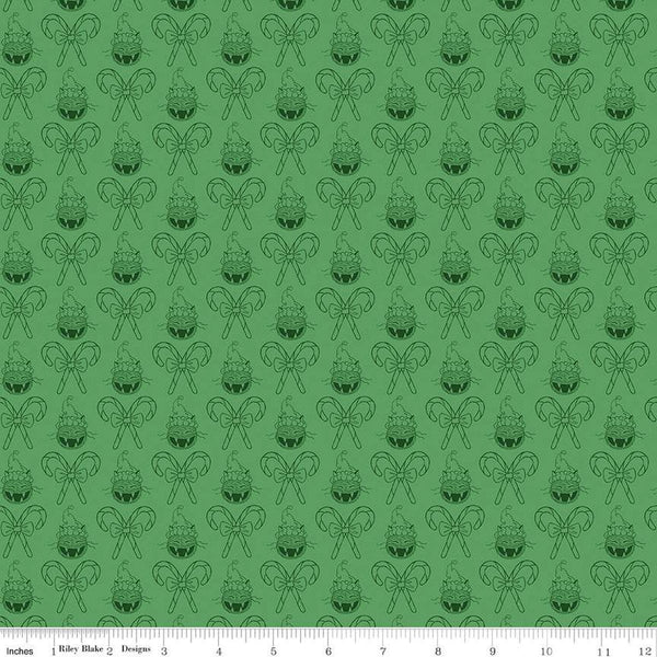 Christmas with Scaredy Cat Cat and Canes C13534 Green - Riley Blake Designs - Santa Hats Candy Canes - Quilting Cotton Fabric