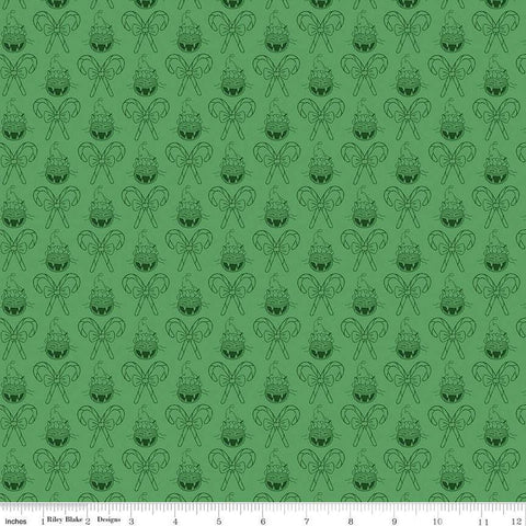 SALE Christmas with Scaredy Cat Cat and Canes C13534 Green - Riley Blake Designs - Santa Hats Candy Canes - Quilting Cotton Fabric