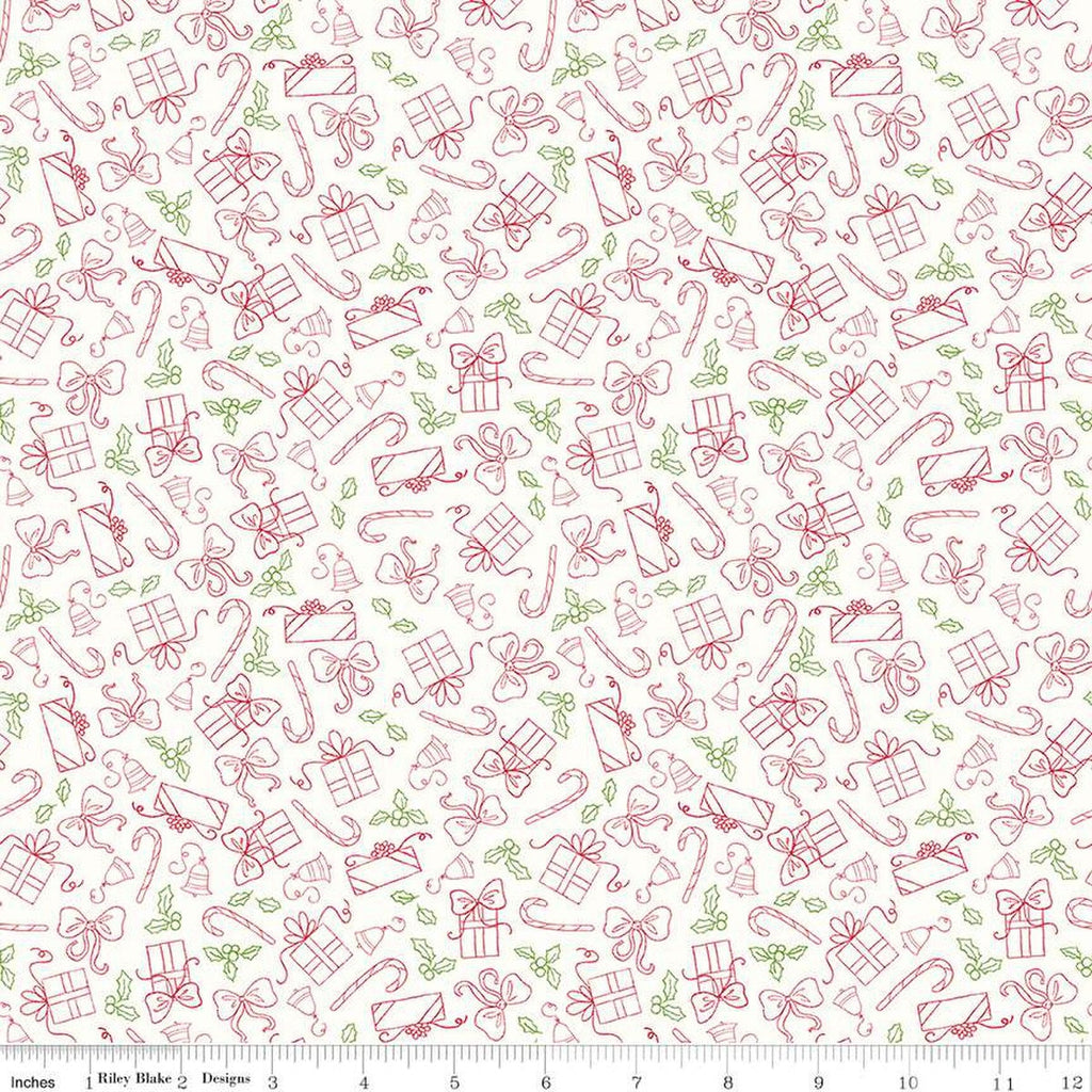 Christmas with Scaredy Cat Presents C13536 Cream - Riley Blake Designs - Line-Drawn Gifts Bows Candy Canes - Quilting Cotton Fabric