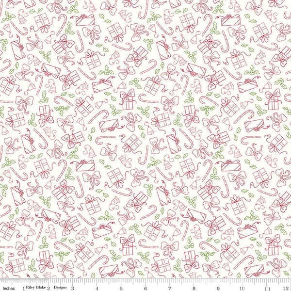 Christmas with Scaredy Cat Presents C13536 Cream - Riley Blake Designs - Line-Drawn Gifts Bows Candy Canes - Quilting Cotton Fabric