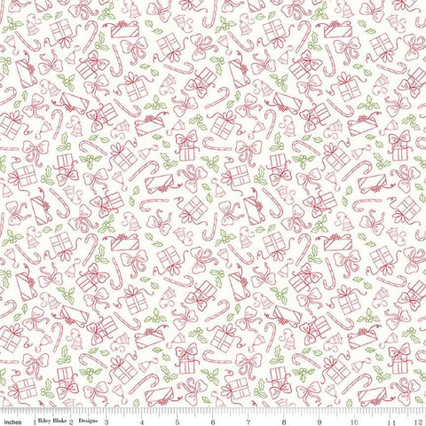 Christmas with Scaredy Cat Presents C13536 Cream - Riley Blake Designs - Line-Drawn Gifts Bows Candy Canes - Quilting Cotton Fabric