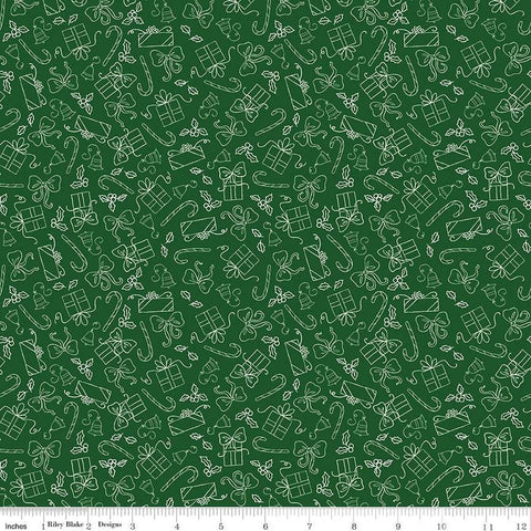 Christmas with Scaredy Cat Presents C13536 Forest - Riley Blake Designs - Line-Drawn Gifts Bows Candy Canes - Quilting Cotton Fabric
