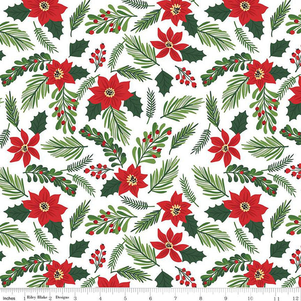 The Magic of Christmas Main C13640 White - Riley Blake Designs - Floral Flowers Poinsettias Berries Leaves  - Quilting Cotton Fabric