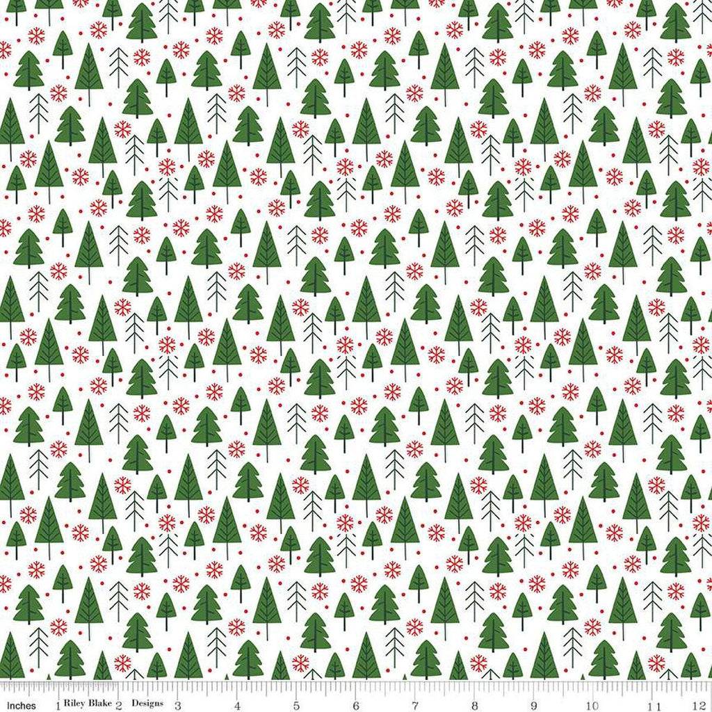The Magic of Christmas Trees C13642 White - Riley Blake Designs - Pine Trees Snowflakes Dots - Quilting Cotton Fabric