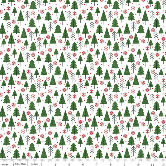 27" End of Bolt - The Magic of Christmas Trees C13642 White - Riley Blake Designs - Pine Trees Snowflakes - Quilting Cotton Fabric