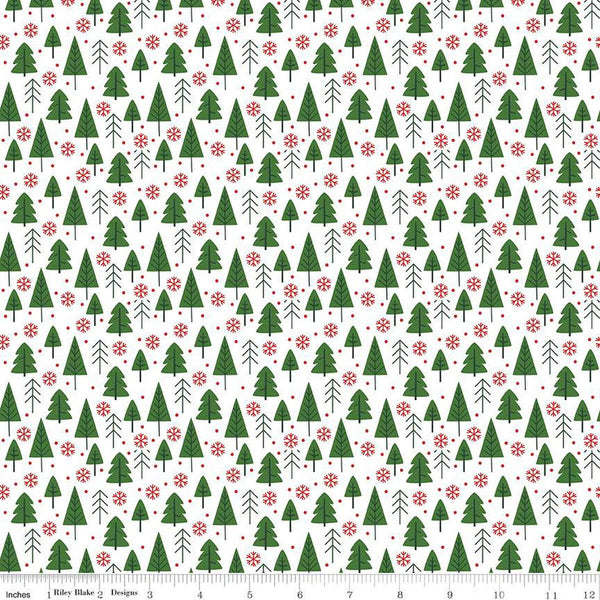 The Magic of Christmas Trees C13642 White - Riley Blake Designs - Pine Trees Snowflakes Dots - Quilting Cotton Fabric