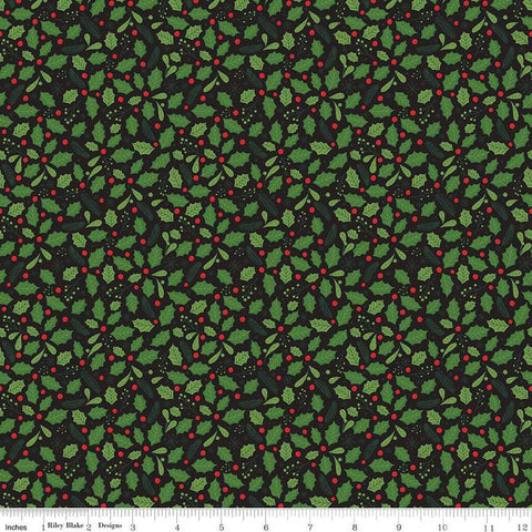 SALE The Magic of Christmas Holly C13643 Black - Riley Blake Designs - Leaves Berries - Quilting Cotton Fabric