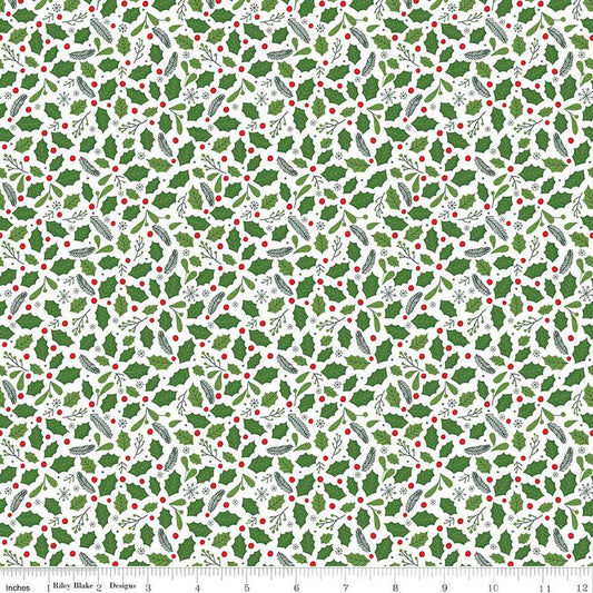The Magic of Christmas Holly C13643 White - Riley Blake Designs - Leaves Berries - Quilting Cotton Fabric