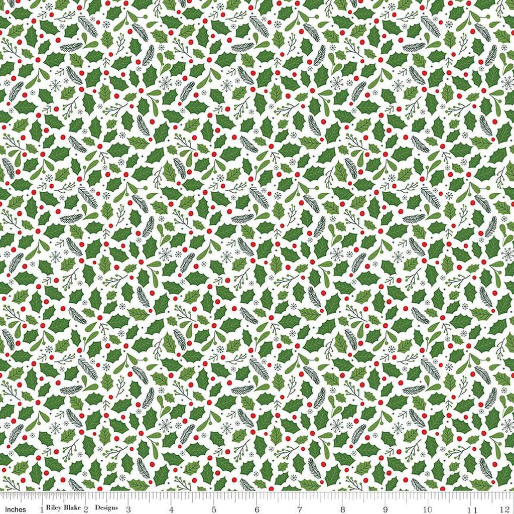 The Magic of Christmas Holly C13643 White - Riley Blake Designs - Leaves Berries - Quilting Cotton Fabric