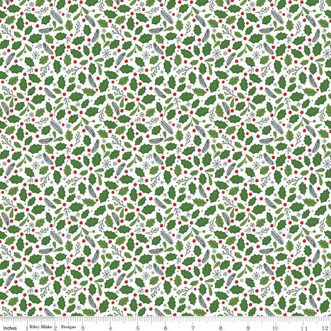 SALE The Magic of Christmas Holly C13643 White - Riley Blake Designs - Leaves Berries - Quilting Cotton Fabric