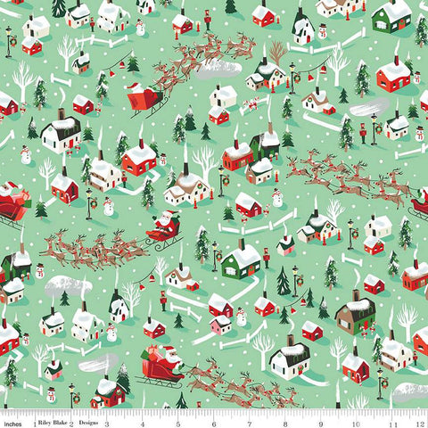 Twas Dash Away C13461 Mint - Riley Blake Designs - Christmas Santa Claus Reindeer Village - Quilting Cotton Fabric