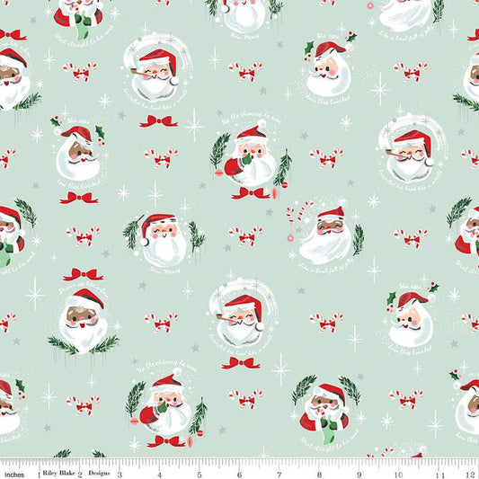 DEAL Twas Jolly Old Elf SC13462 Light Mint SPARKLE - Riley Blake - The Night Before Christmas Santa Silver SPARKLE - Quilting Cotton Fabric