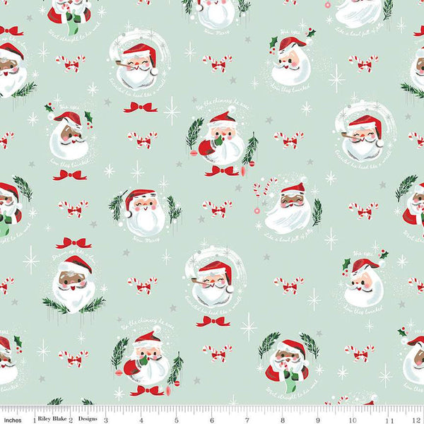 Twas Jolly Old Elf SC13462 Light Mint SPARKLE - Riley Blake - The Night Before Christmas Santa Silver SPARKLE - Quilting Cotton Fabric