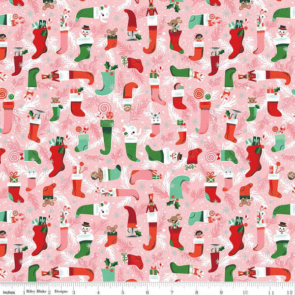 Twas Stockings Were Hung SC13463 Pink SPARKLE - Riley Blake Designs - Christmas Silver SPARKLE - Quilting Cotton Fabric