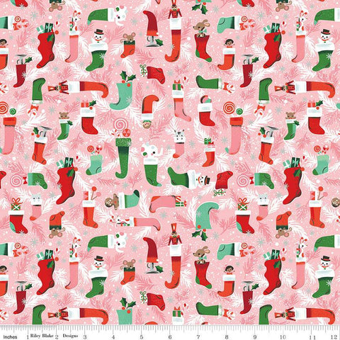 SALE Twas Stockings Were Hung SC13463 Pink SPARKLE - Riley Blake Designs - Christmas Silver SPARKLE - Quilting Cotton Fabric
