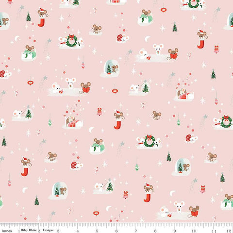 Fat Quarter End of Bolt - Twas Not Even a Mouse SC13464 Coral SPARKLE - Riley Blake - Christmas Mice Silver SPARKLE - Quilting Cotton Fabric