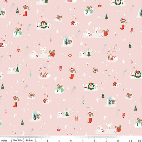 28" End of Bolt Twas Not Even a Mouse SC13464 Coral SPARKLE - Riley Blake Designs - Christmas Mice Silver SPARKLE - Quilting Cotton Fabric