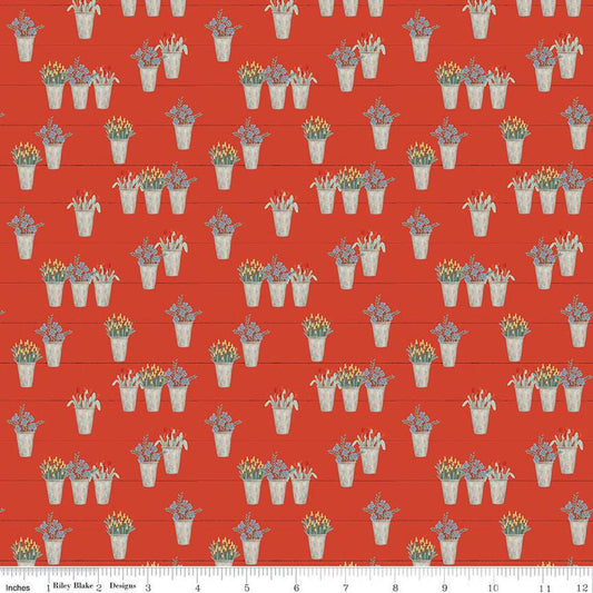 CLEARANCE Farmhouse Summer Flower Pots C13633 Red - Riley Blake Designs - Floral Flowers - Quilting Cotton Fabric
