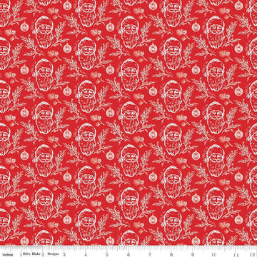 CLEARANCE Peace on Earth Santas C13452 Red - Riley Blake Designs - Christmas Santa Claus Ornaments Leaves - Quilting Cotton Fabric