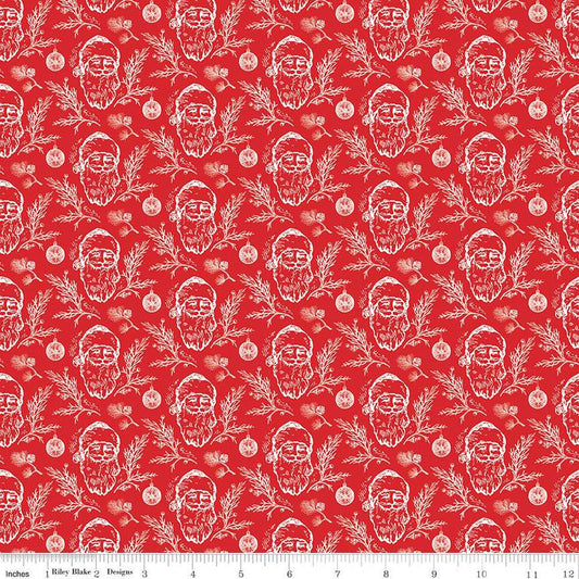 CLEARANCE Peace on Earth Santas C13452 Red - Riley Blake Designs - Christmas Santa Claus Ornaments Leaves - Quilting Cotton Fabric