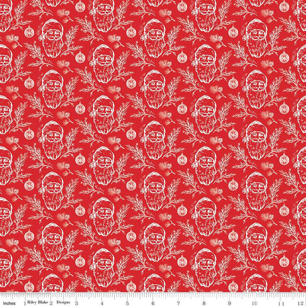 SALE Peace on Earth Santas C13452 Red - Riley Blake Designs - Christmas Santa Claus Ornaments Leaves - Quilting Cotton Fabric