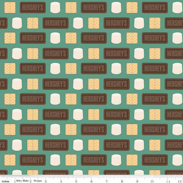 Camp S'mores Stripe C13623 Green - Riley Blake Designs - Hershey Camping Marshmallows Chocolate Bars Crackers - Quilting Cotton Fabric