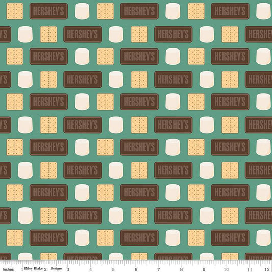 Camp S'mores Stripe C13623 Green - Riley Blake Designs - Hershey Camping Marshmallows Chocolate Bars Crackers - Quilting Cotton Fabric