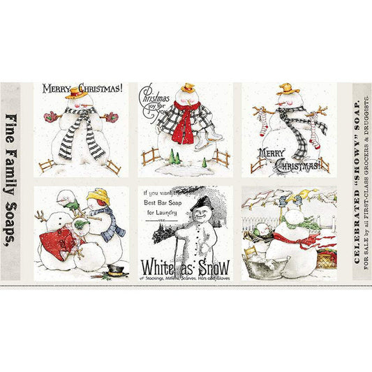 White as Snow Snowy Soap Patch Panel PD13551 - Riley Blake - DIGITALLY Printed Christmas Snowmen - Quilting Cotton Fabric