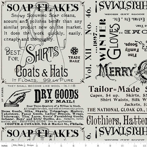 22" End of Bolt - White as Snow Snowy Soap Ads C13554 Gray - Riley Blake Designs - Christmas Text - Quilting Cotton Fabric