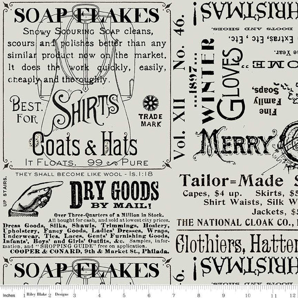22" End of Bolt - White as Snow Snowy Soap Ads C13554 Gray - Riley Blake Designs - Christmas Text - Quilting Cotton Fabric