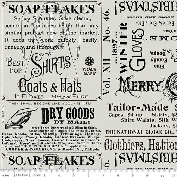 29" End of Bolt - White as Snow Snowy Soap Ads C13554 Gray - Riley Blake Designs - Christmas Text - Quilting Cotton Fabric
