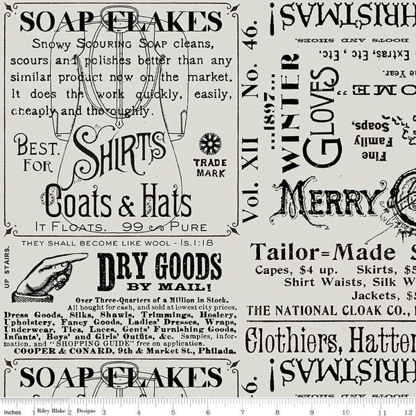 22" End of Bolt - White as Snow Snowy Soap Ads C13554 Gray - Riley Blake Designs - Christmas Text - Quilting Cotton Fabric