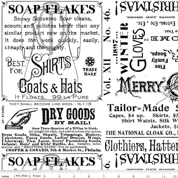 White as Snow Snowy Soap Ads C13554 White - Riley Blake Designs - Christmas Text - Quilting Cotton Fabric