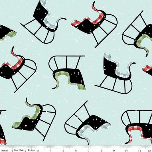 CLEARANCE White as Snow Sleigh Toss C13556 Blue - Riley Blake Designs - Christmas Winter Sleighs - Quilting Cotton Fabric