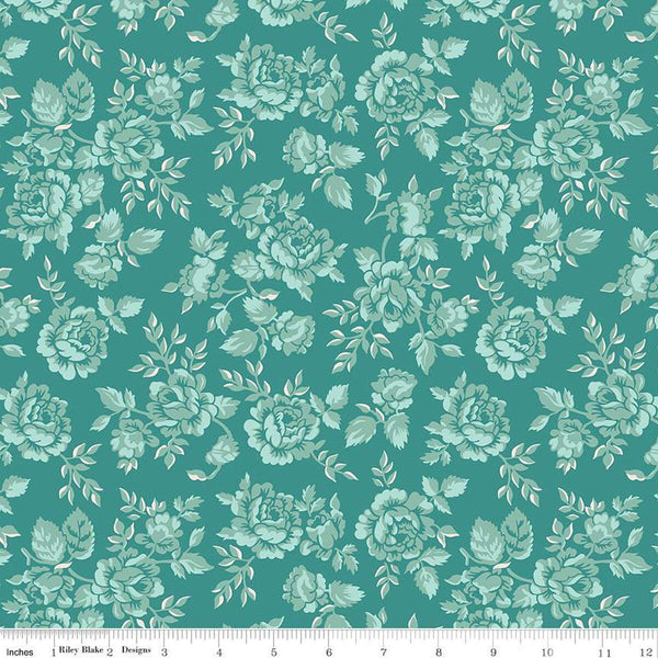 CLEARANCE Home Town Parry C13580 Teal - Riley Blake Designs - Floral Flowers - Lori Holt - Quilting Cotton Fabric