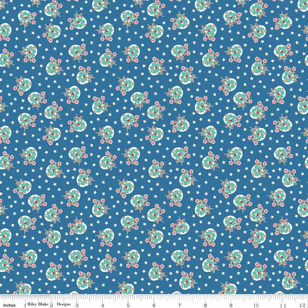 SALE Home Town Lewis C13585 Denim by Riley Blake Designs - Floral Flowers Stars - Lori Holt - Quilting Cotton Fabric