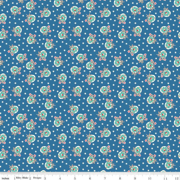 SALE Home Town Lewis C13585 Denim by Riley Blake Designs - Floral Flowers Stars - Lori Holt - Quilting Cotton Fabric